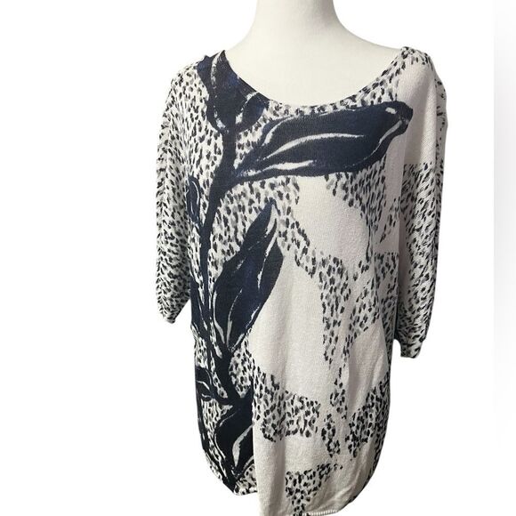 Nic + Zoe Linen Blend Sweater short sleeve white and blue flower large - Picture 7 of 12